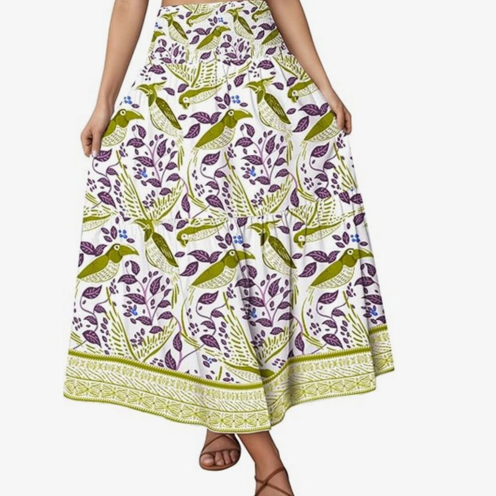 Women's High Waisted, Tiered, Elastic Waist, Parrot Print Maxi Skirt XL